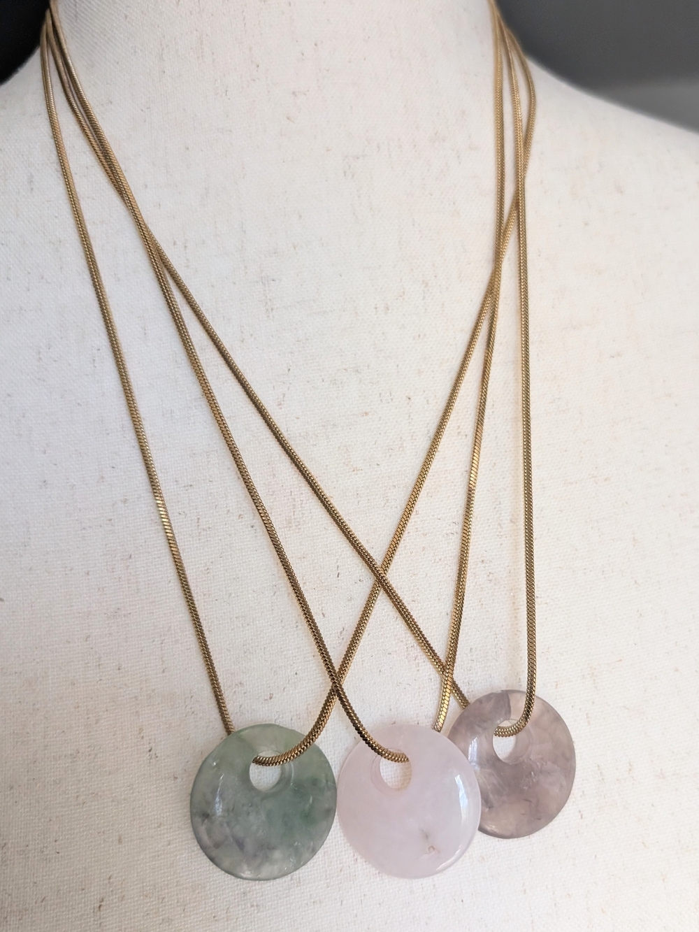 Gold Chain Three-Stone Quartz Pendant Necklaces - Pink, Green, Gray - Picture 10 of 14